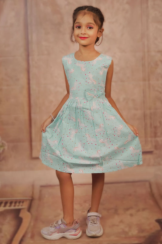 Pariari Girls Sleeveless Sky Blue Coloured Zebra Cotton Frock
