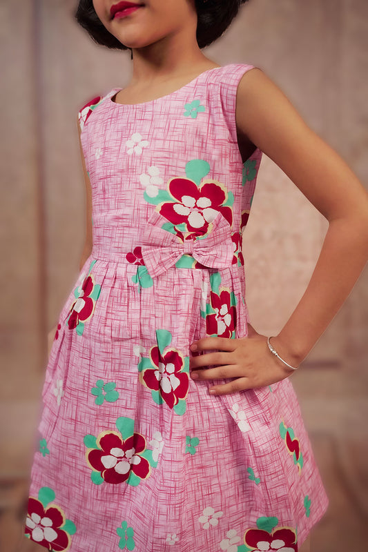 Pariari Girls Sleeveless Pink Blossom Joy Floral Frock