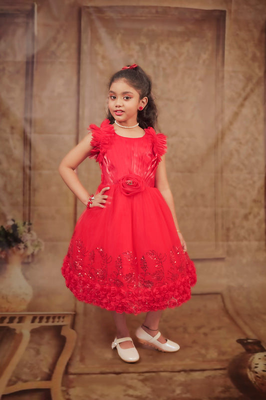 Pariari Girls Red Rose Floral Party Frock