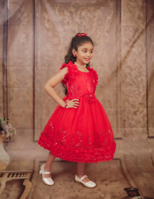 Pariari Girls Red Rose Floral Party Frock