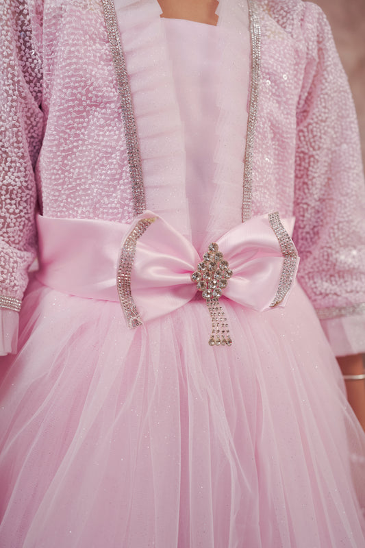 Pariari Girls Royale Graceful Full-Length Gown with Crystal Trim and Satin Bow Charm