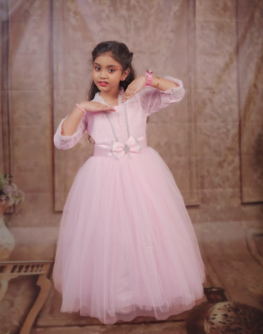 Pariari Girls Royale Graceful Full-Length Gown with Crystal Trim and Satin Bow Charm