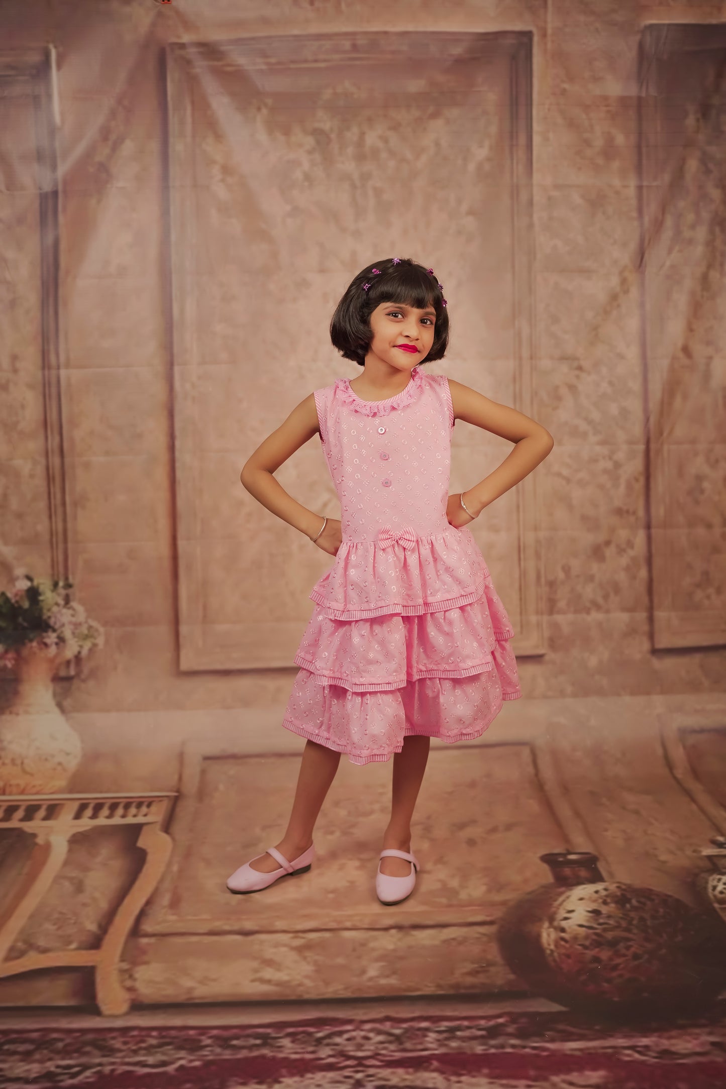 Pariari Girls Sleeveless Pink Layered Ruffle Cotton Frock with Embroidery