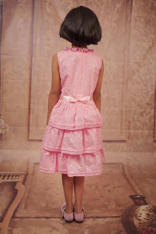 Pariari Girls Sleeveless Pink Layered Ruffle Cotton Frock with Embroidery