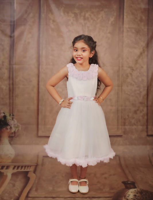 Pariari Girls Ivory Tulle Dress with Pink Blossom Neckline and Ruffle Charm