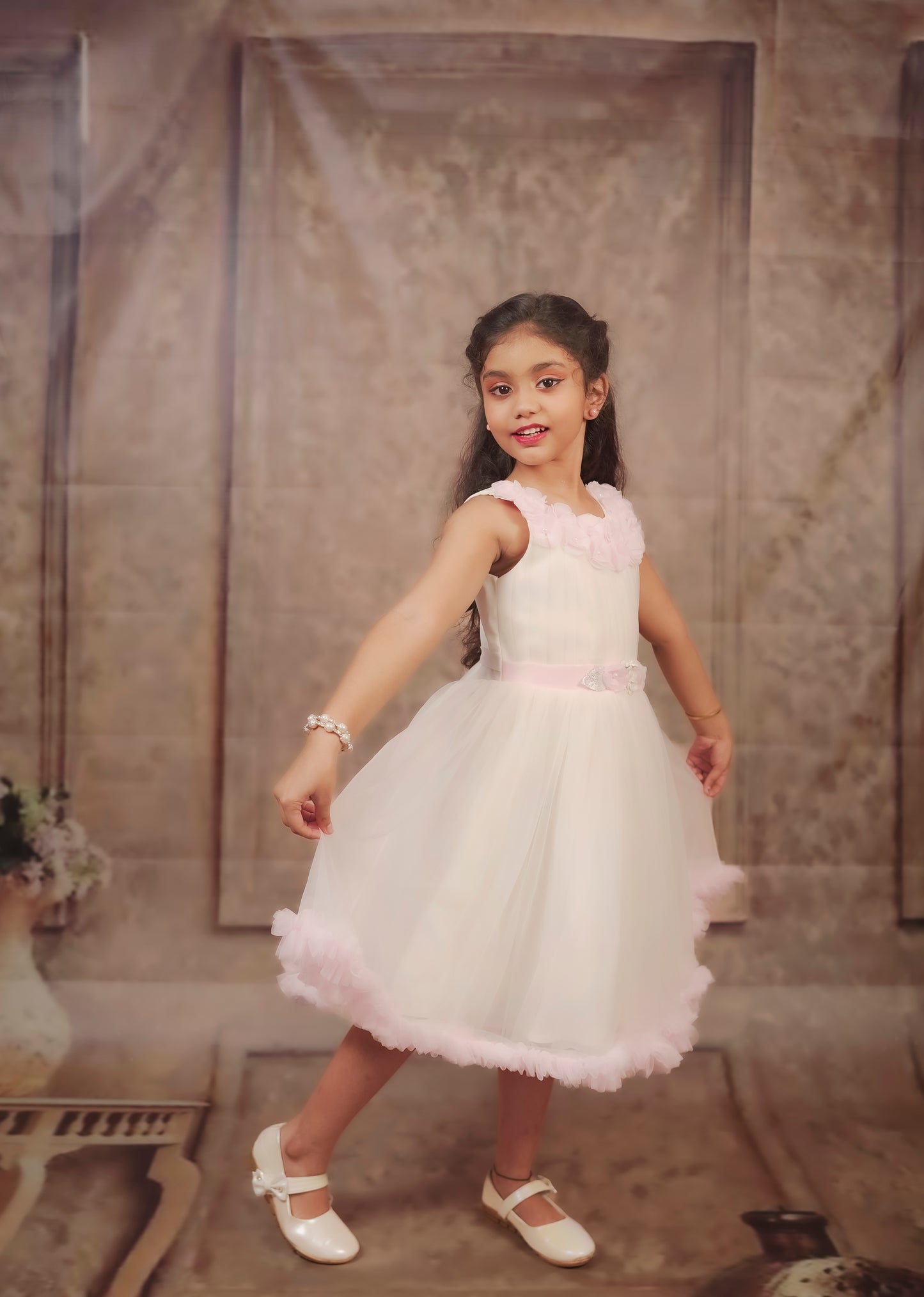 Pariari Girls Ivory Tulle Dress with Pink Blossom Neckline and Ruffle Charm