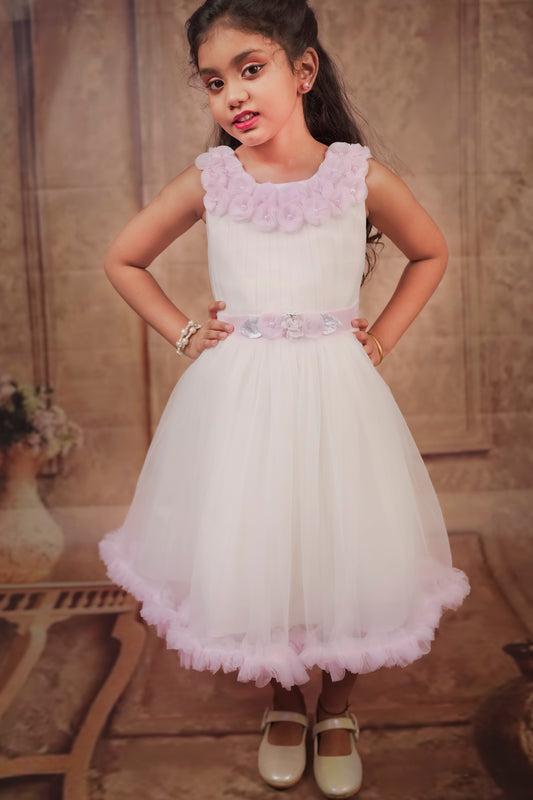 Pariari Girls Ivory Tulle Dress with Pink Blossom Neckline and Ruffle Charm