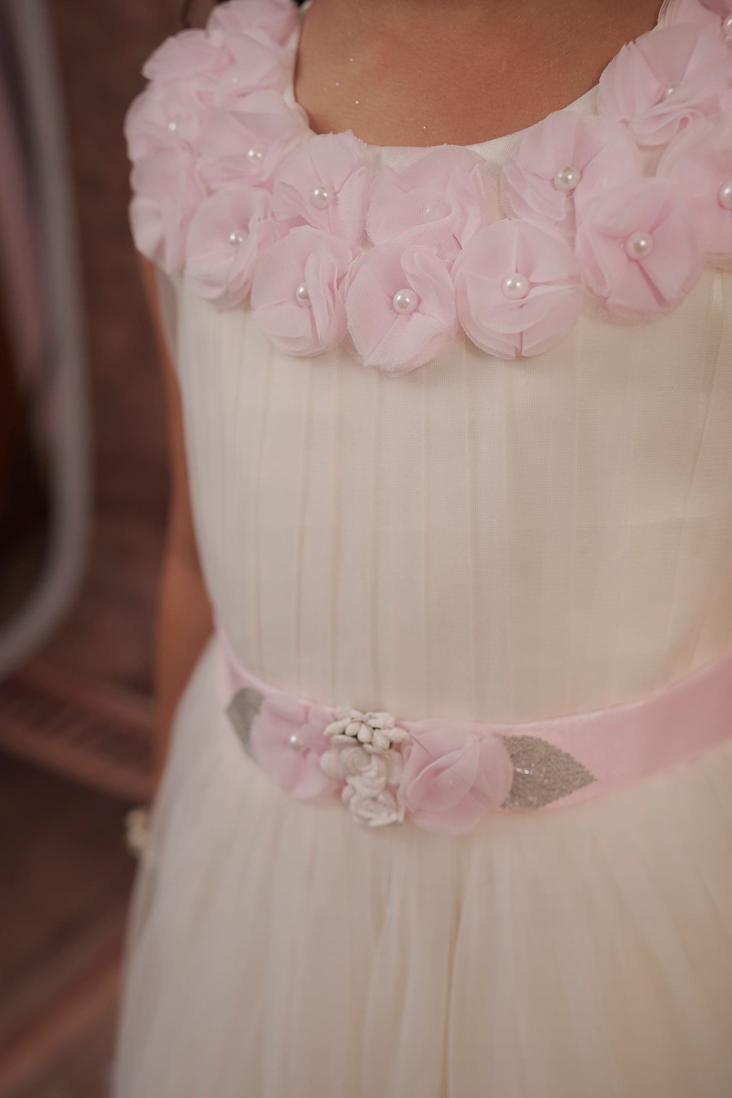 Pariari Girls Ivory Tulle Dress with Pink Blossom Neckline and Ruffle Charm