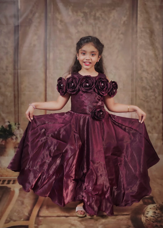 Pariari Girls Elegant Purple wine Applique Party Gown