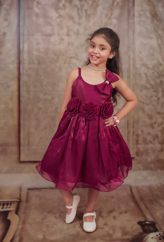 Pariari Girls Wine Bloom Satin Party Dress