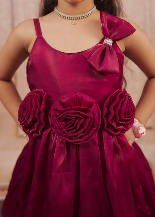 Pariari Girls Wine Bloom Satin Party Dress