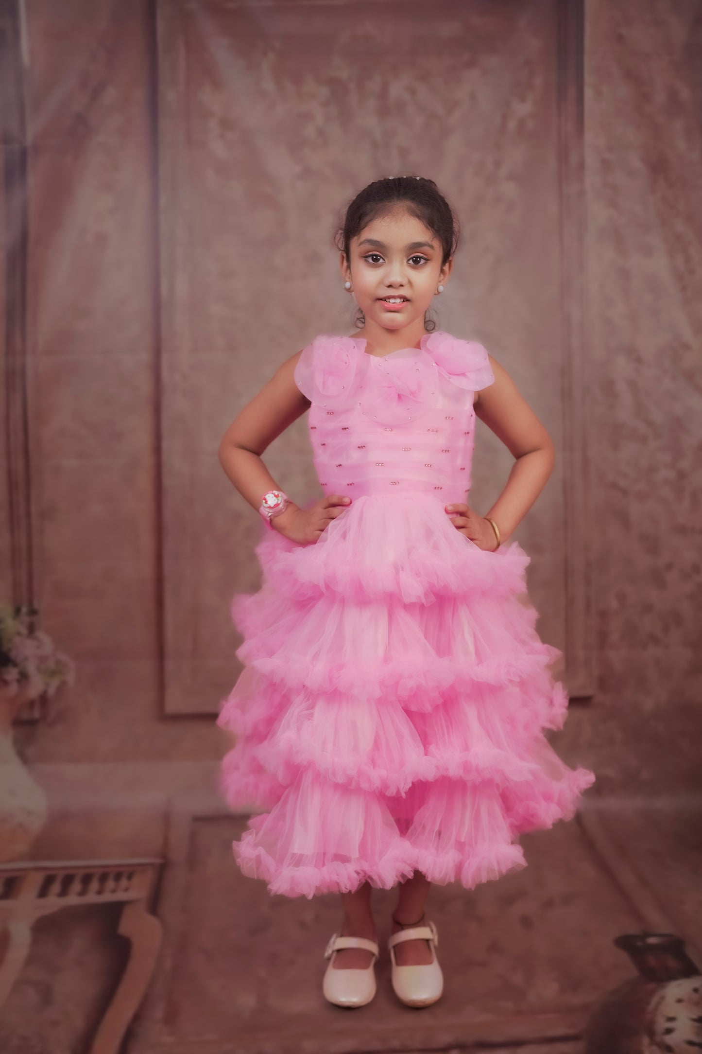 Pariari Girls Pink Petal Ruffle Dress