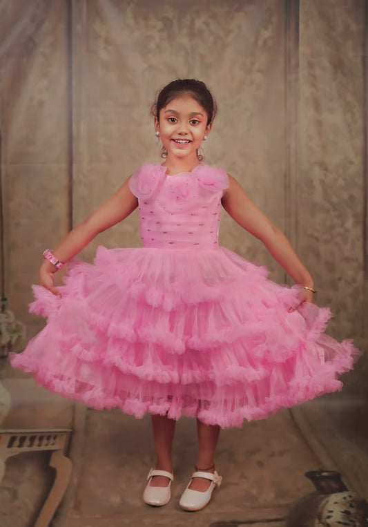 Pariari Girls Pink Petal Ruffle Dress