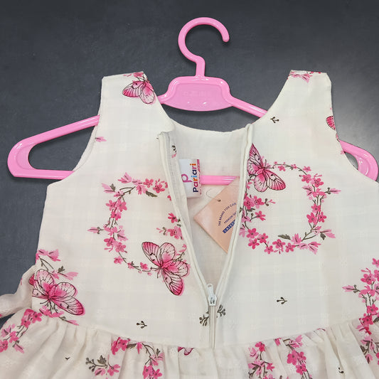pariari girls White & Pink Butterfly Print Ruffle Dress for Girls
