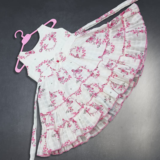 pariari girls White & Pink Butterfly Print Ruffle Dress for Girls