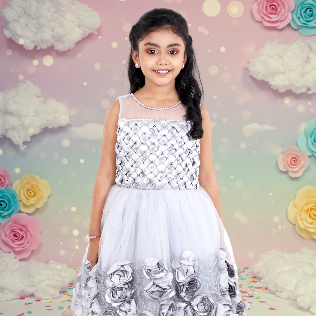 Pariari Girls Grey Polyester Dress with Floral Applique
