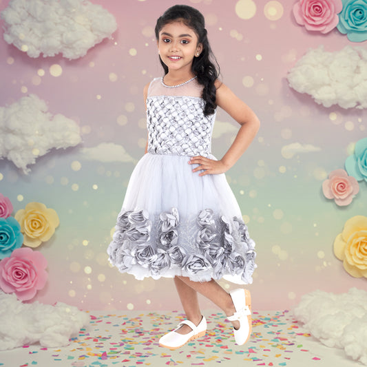 Pariari Girls Grey Polyester Dress with Floral Applique