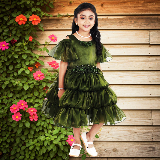 Pariari Girls Green Pleated Partywear