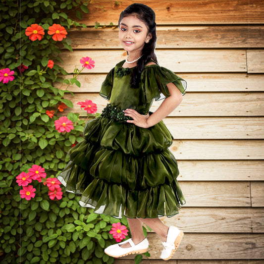 Pariari Girls Green Pleated Partywear