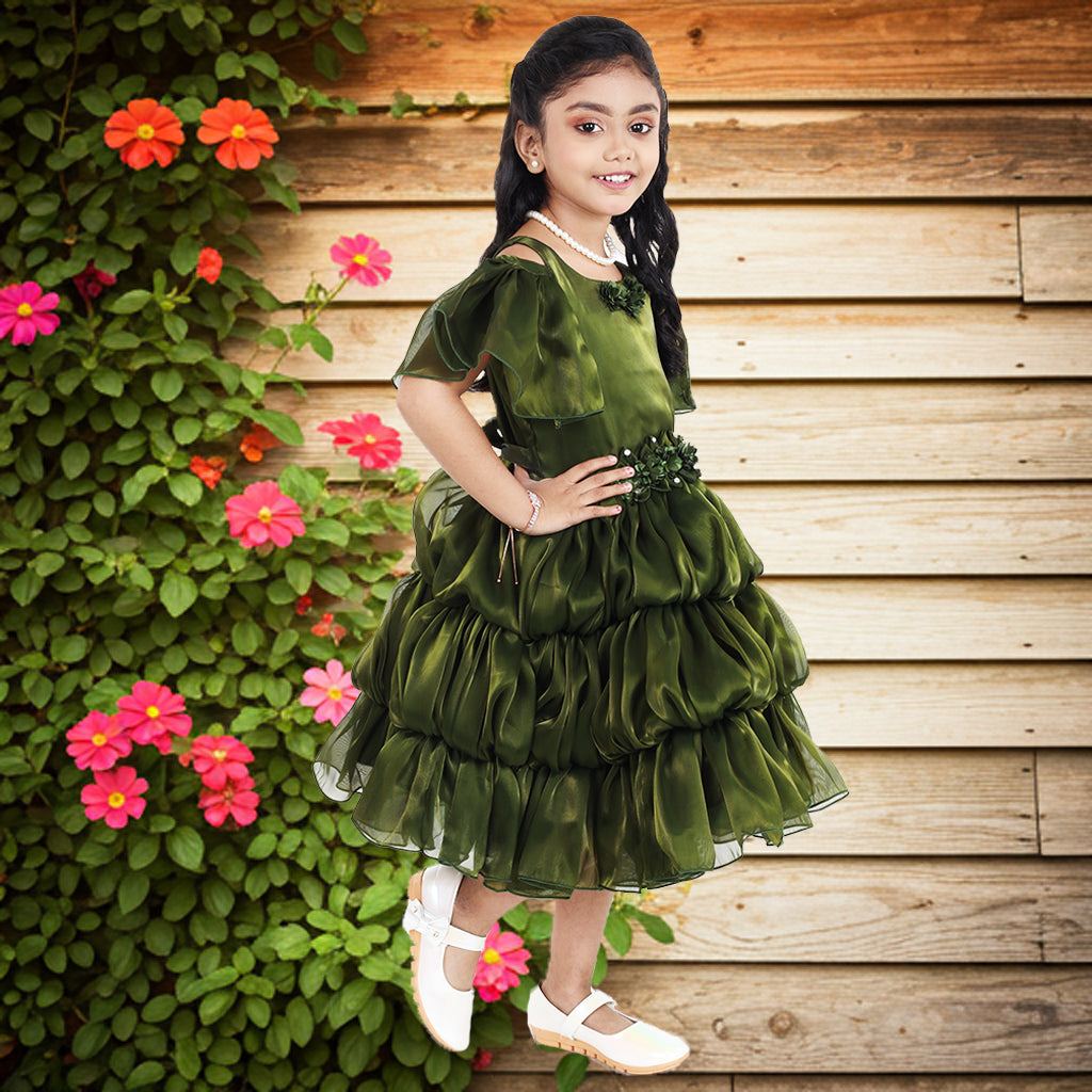 Pariari Girls Green Pleated Partywear