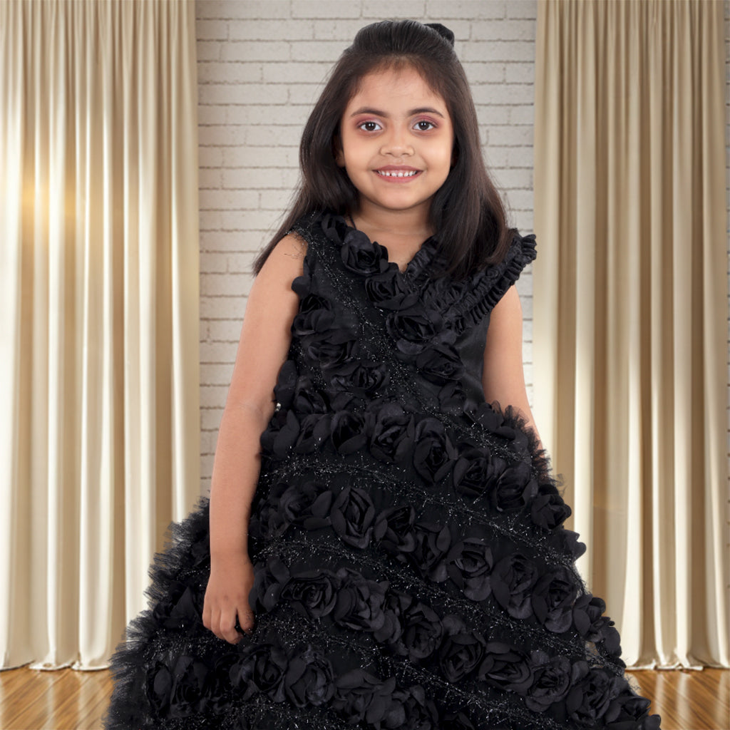 Pariari Black Polyester Sleeveless Floral Applique Party Dress