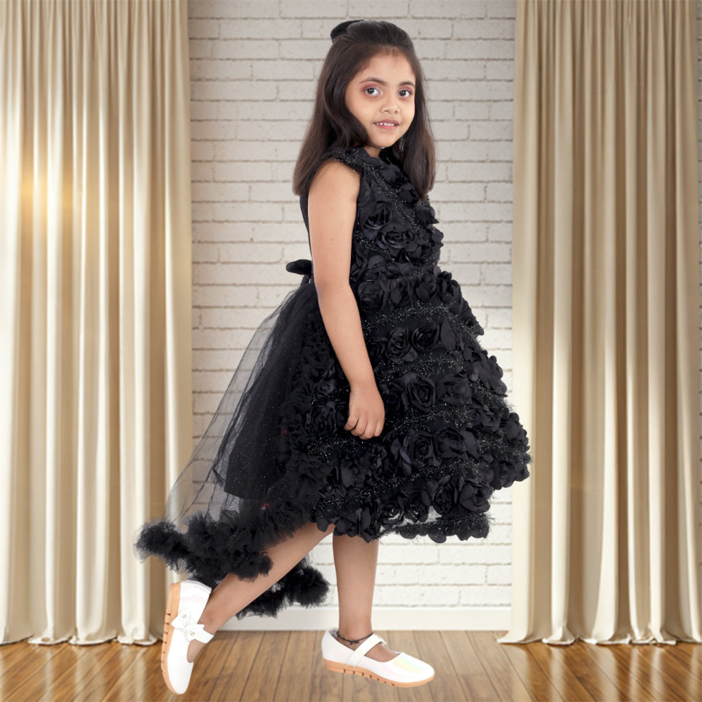 Pariari Black Polyester Sleeveless Floral Applique Party Dress