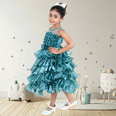 Pariari Girls Teal Blue Flared Party Gown