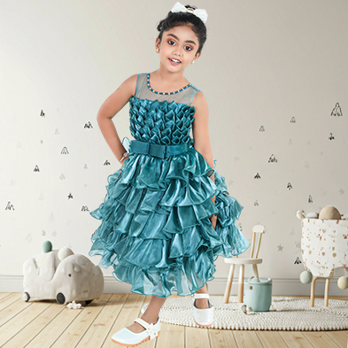 Pariari Girls Teal Blue Flared Party Gown