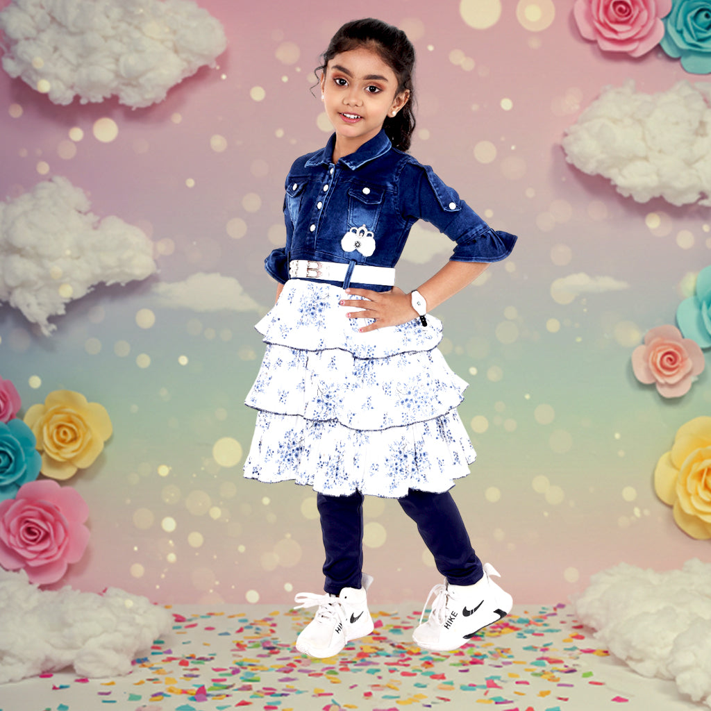 Pariari Girls Cotton Dress with Collar and Belt