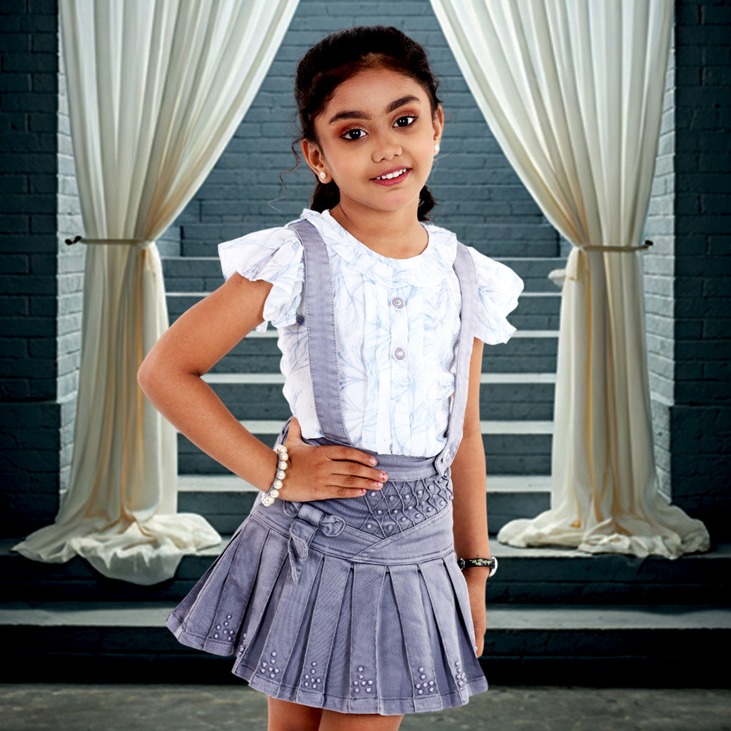 Pariari Girls Knee Length Denim Skirt and Top set