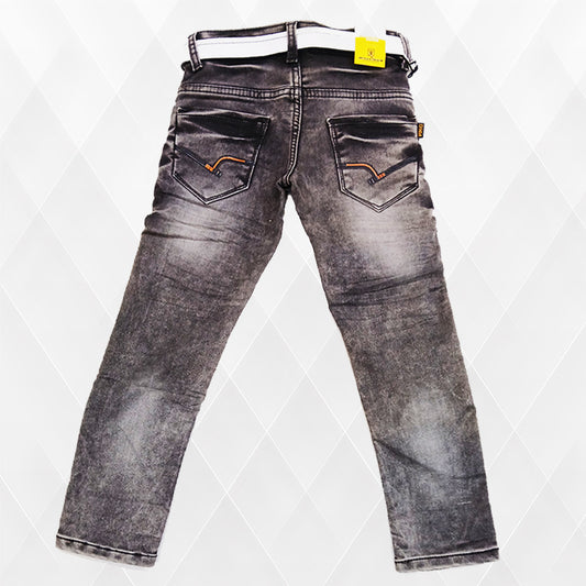 Pariari Boys Black Washed Slim-Fit Jeans with White Belt