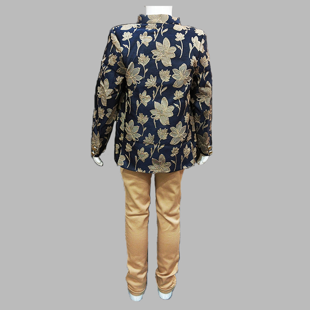 Pariari Boys Royal Blue Floral Embroidered Blazer Suit Set