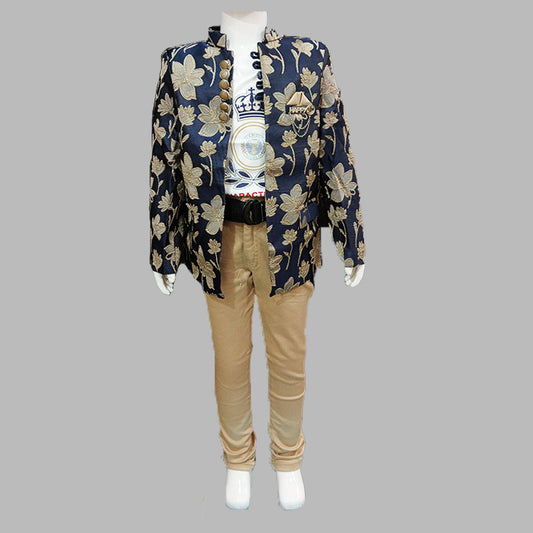 Pariari Boys Royal Blue Floral Embroidered Blazer Suit Set