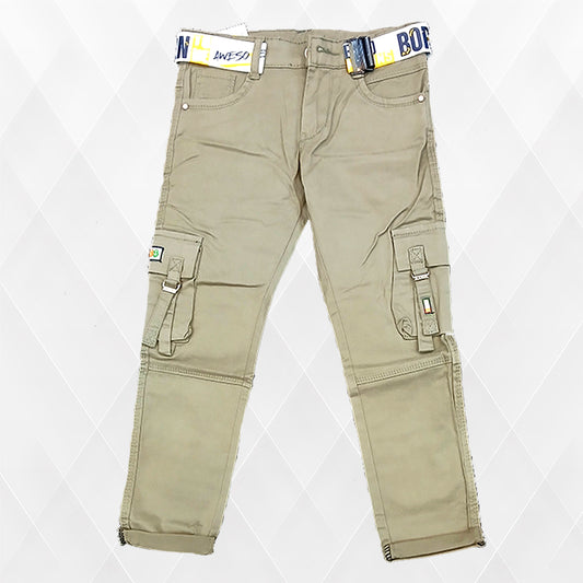 Pariari Boys Khaki Cargo Pants with Stylish Belt