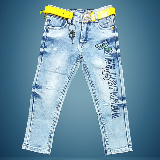 Pariari Boys Distressed Blue Denim Jeans with Yellow Belt