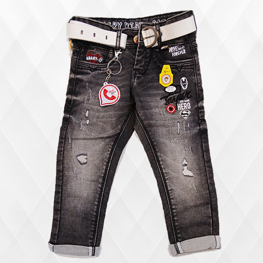 Pariari Boys Trendy Distressed Jeans with Patches, Keychain & Belt