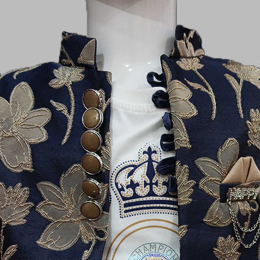 Pariari Boys Royal Blue Floral Embroidered Blazer Suit Set