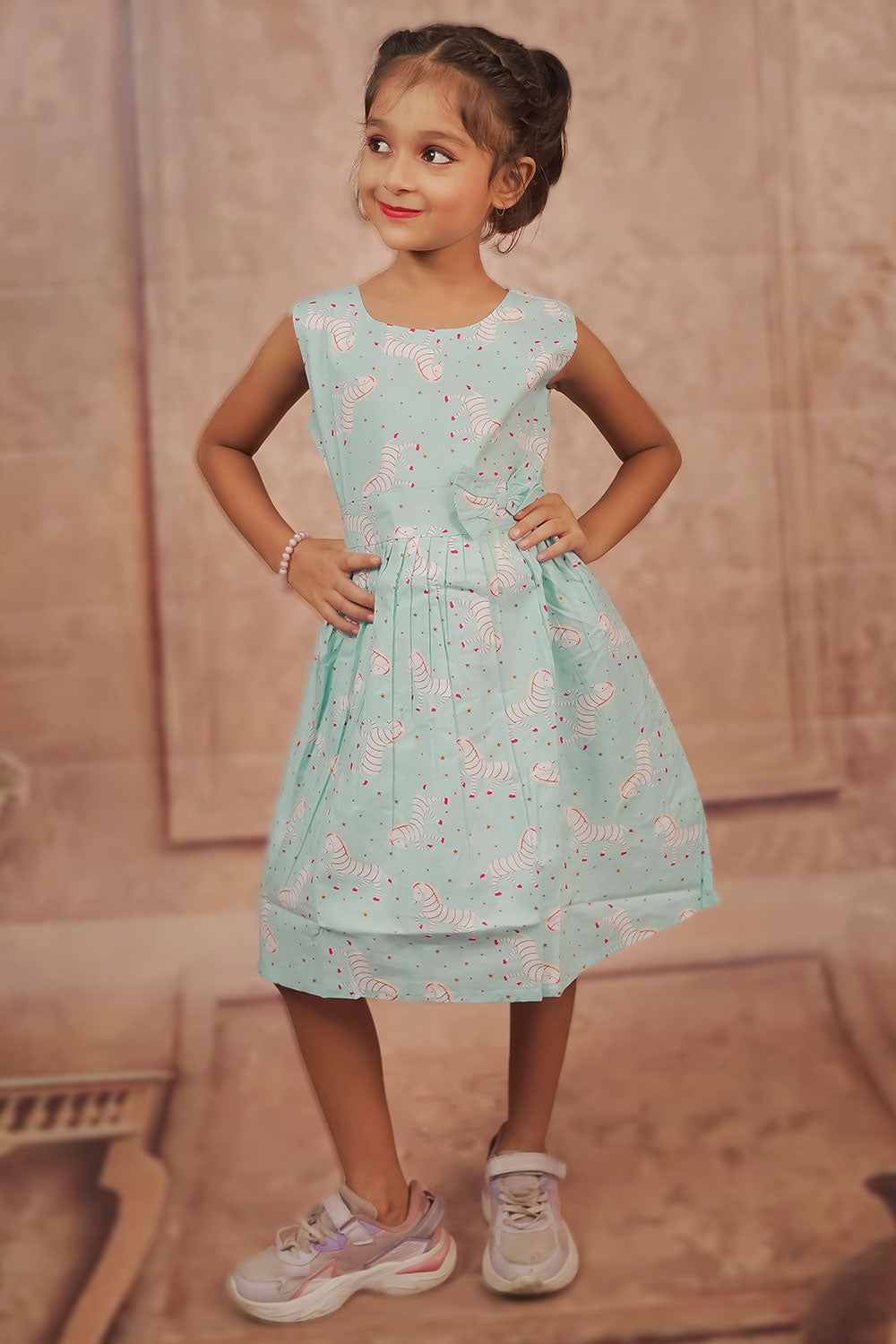 Pariari Girls Sleeveless Sky Blue Coloured Zebra Cotton Frock