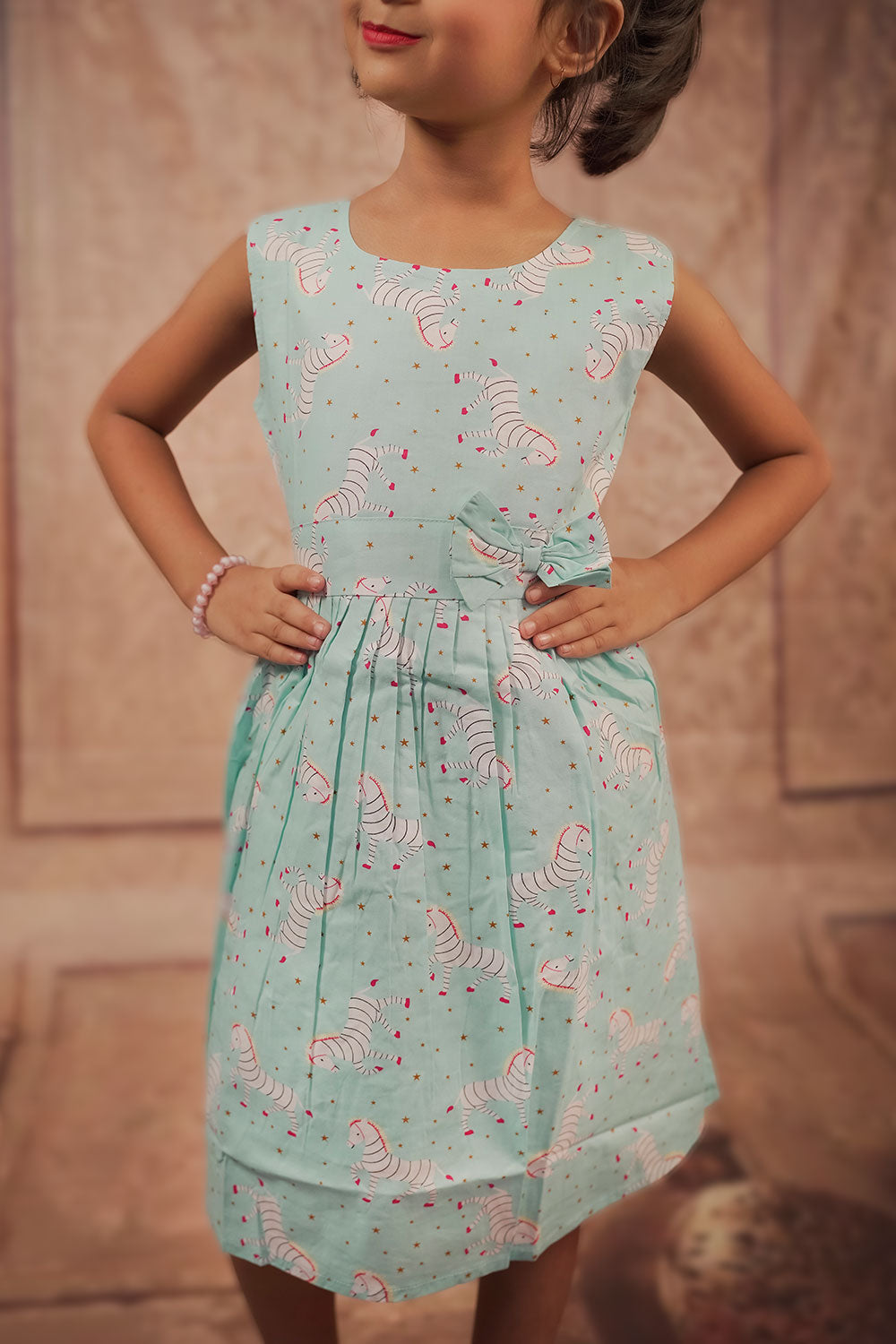 Pariari Girls Sleeveless Sky Blue Coloured Zebra Cotton Frock