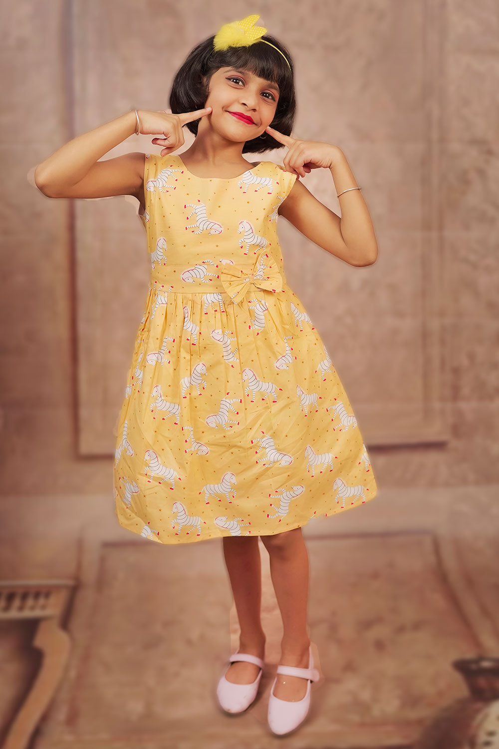 Pariari Girls Sleeveless Yellow Coloured Zebra Cotton Frock