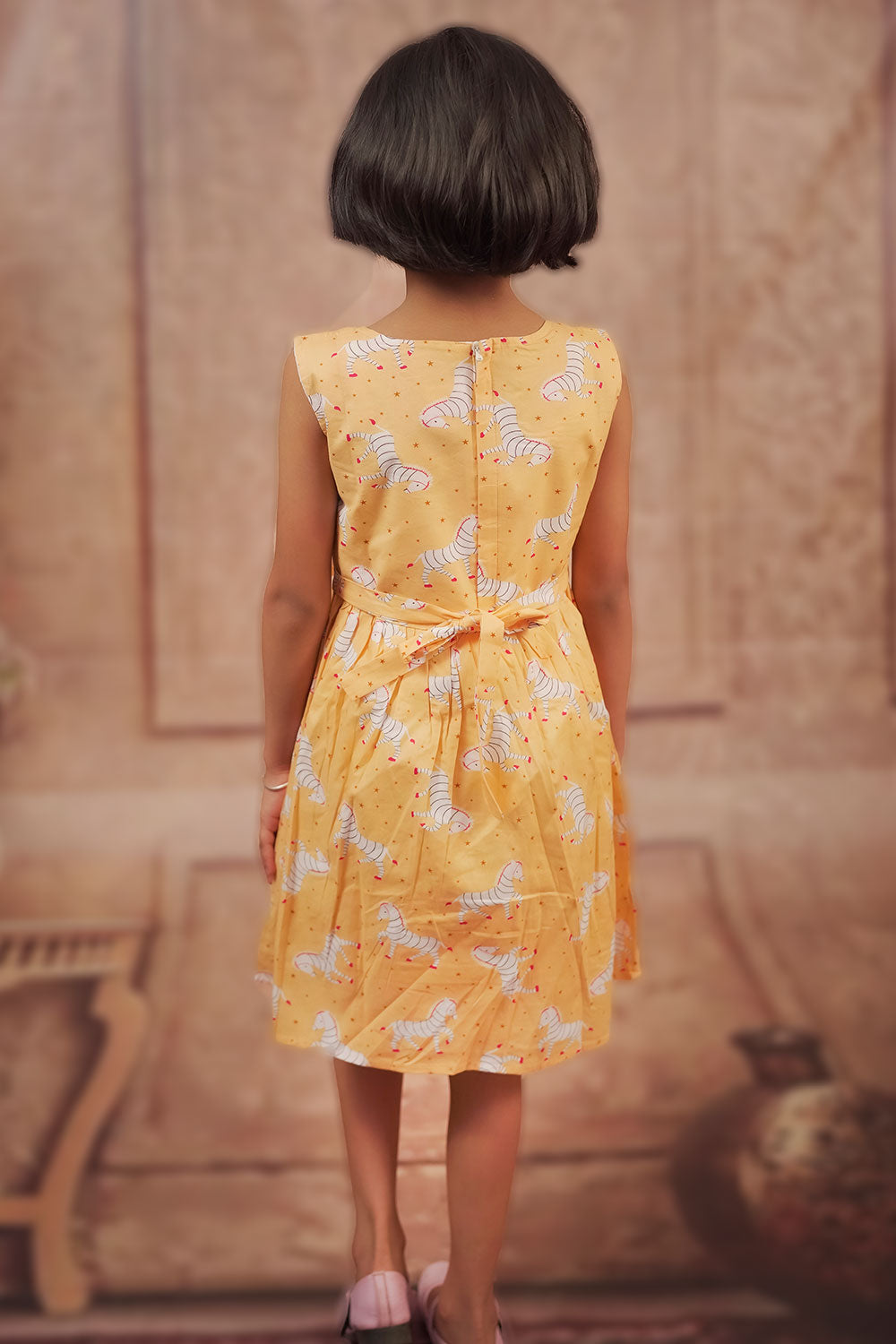 Pariari Girls Sleeveless Yellow Coloured Zebra Cotton Frock