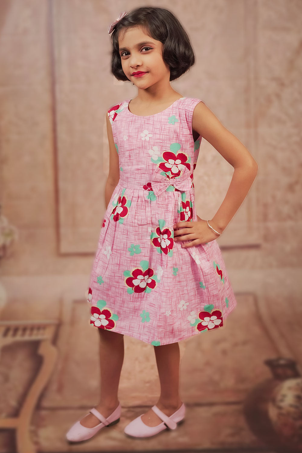 Pariari Girls Sleeveless  Pink Blossom Joy Floral Frock