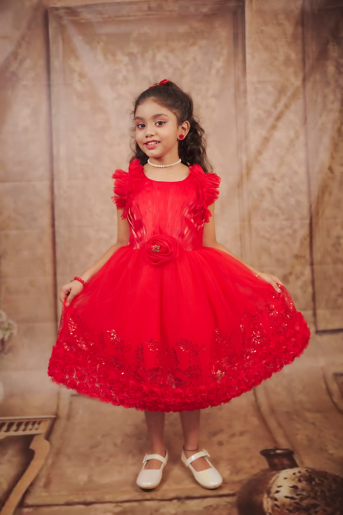 Pariari Girls Red Rose Floral Party Frock