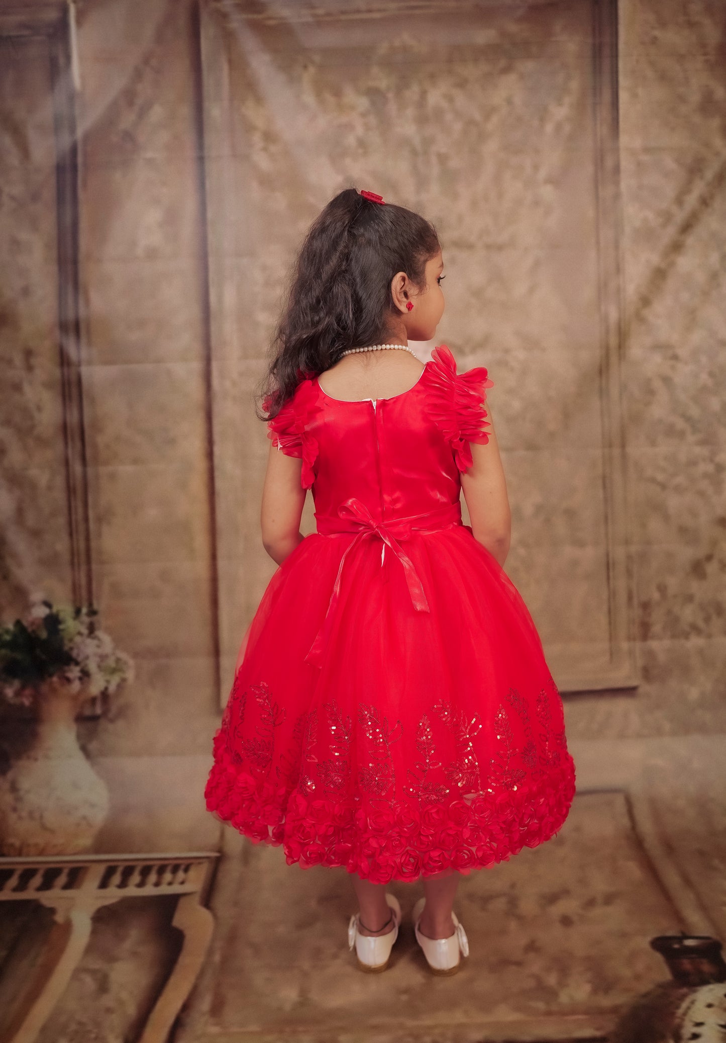 Pariari Girls Red Rose Floral Party Frock