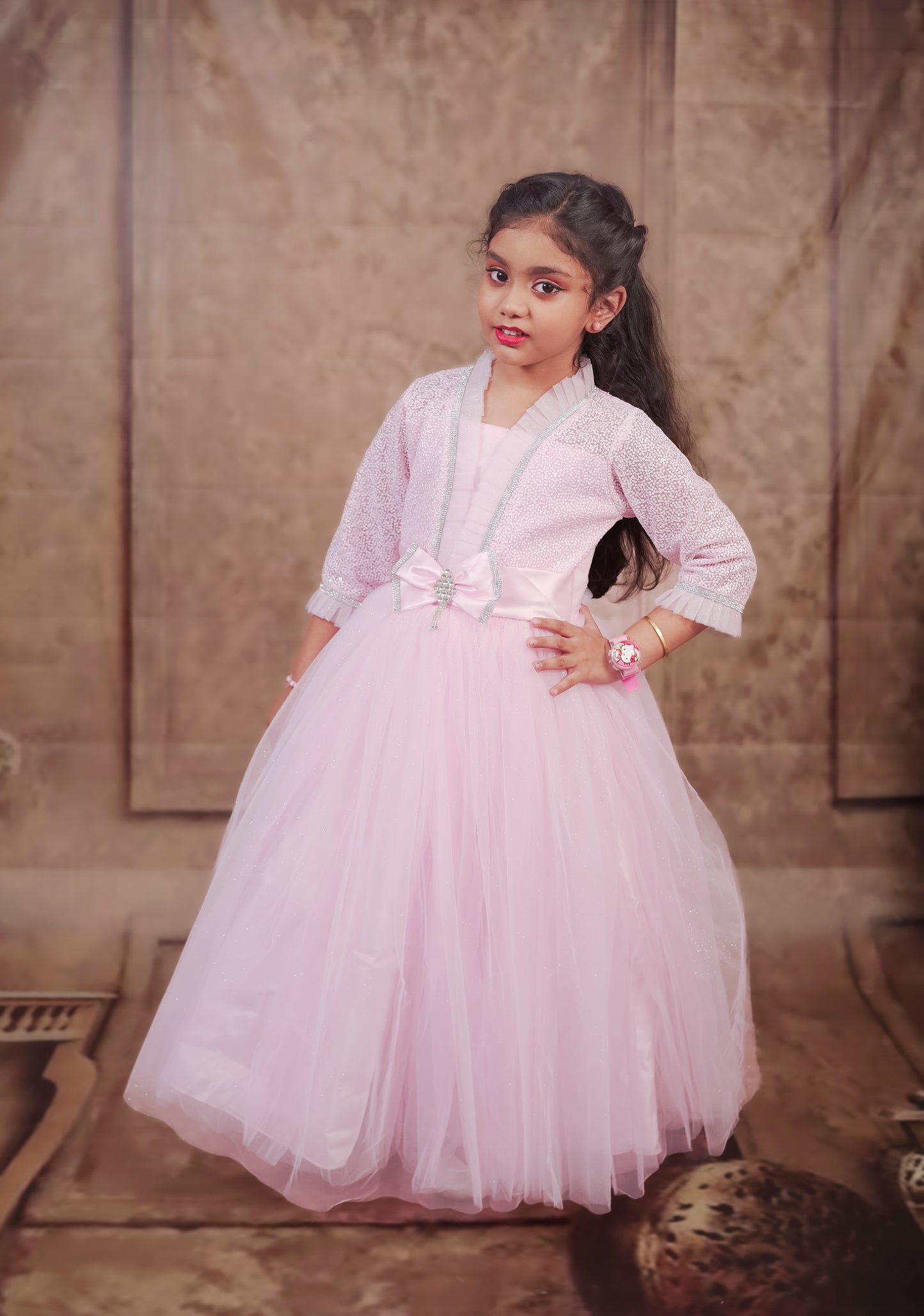 Pariari Girls Royale Graceful Full-Length Gown with Crystal Trim and Satin Bow Charm