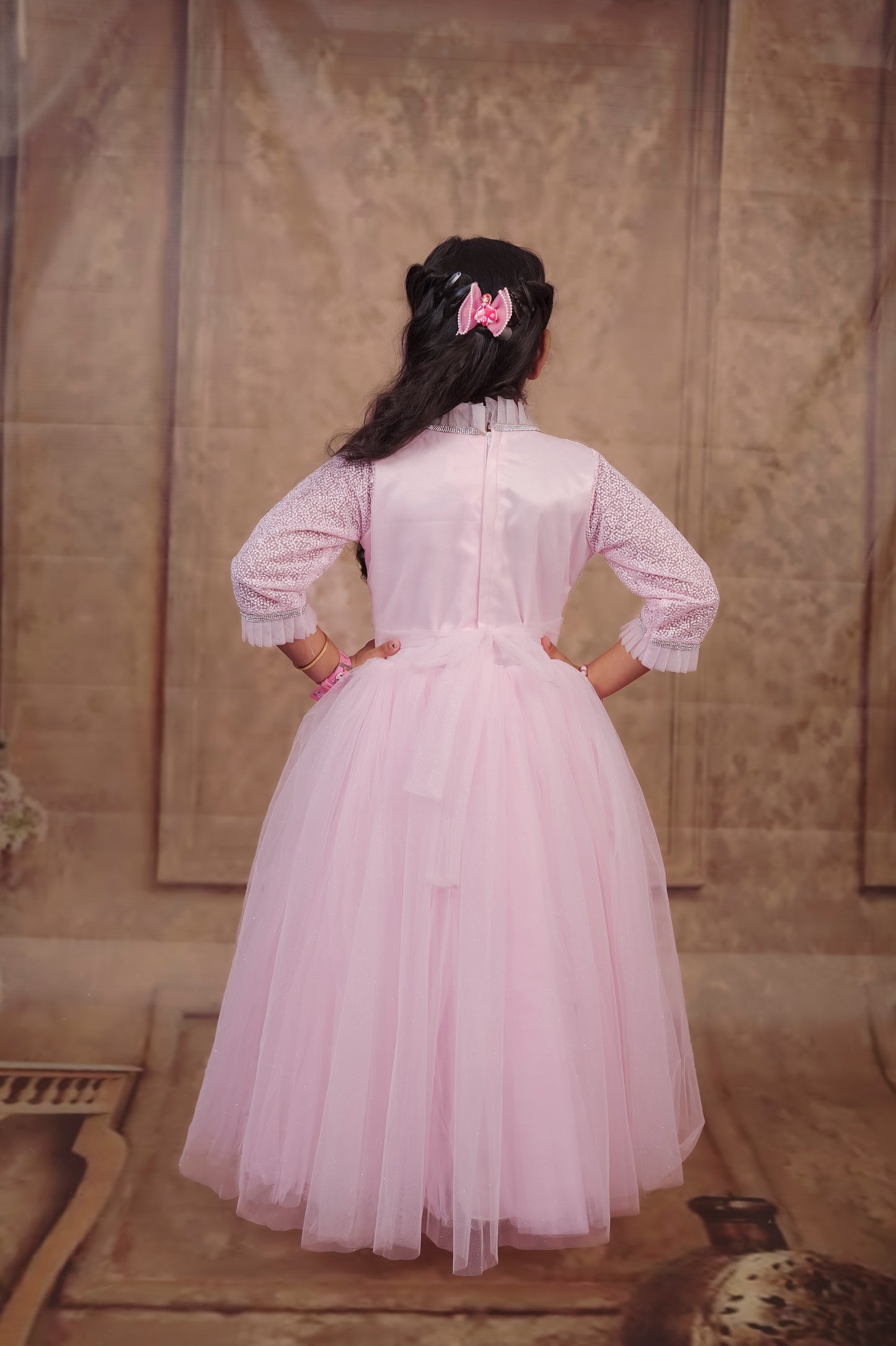Pariari Girls Royale Graceful Full-Length Gown with Crystal Trim and Satin Bow Charm