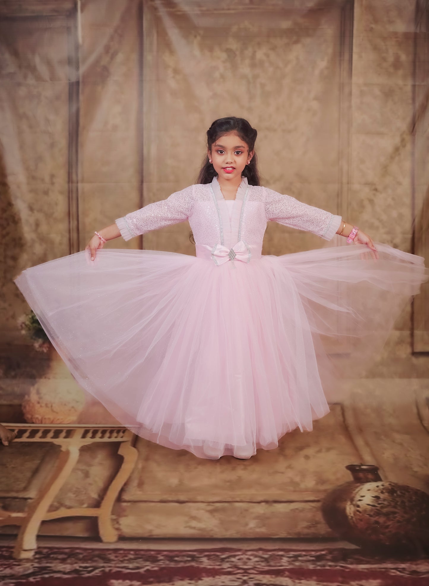 Pariari Girls Royale Graceful Full-Length Gown with Crystal Trim and Satin Bow Charm