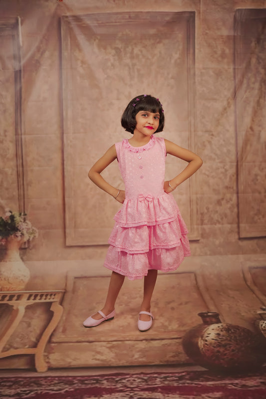 Pariari Girls Sleeveless Pink Layered Ruffle Cotton Frock with Embroidery
