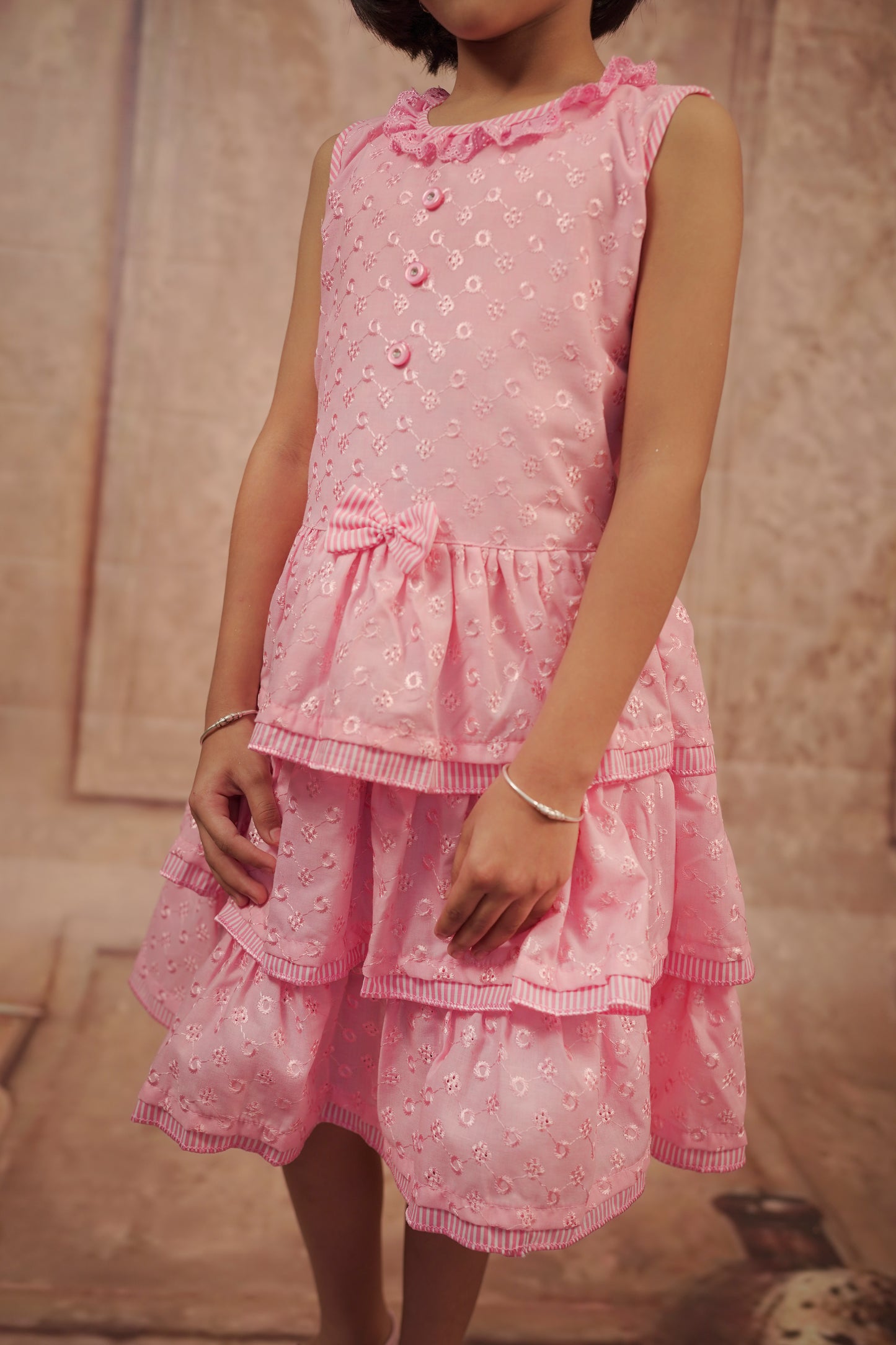Pariari Girls Sleeveless Pink Layered Ruffle Cotton Frock with Embroidery