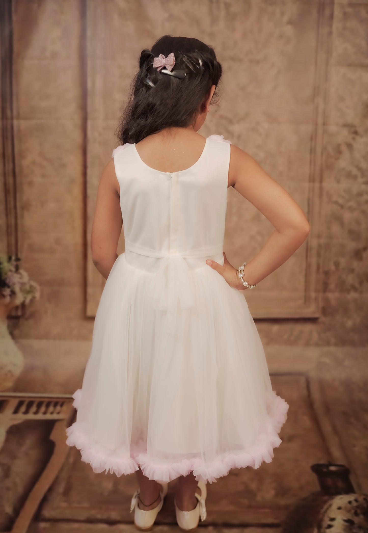 Pariari Girls Ivory Tulle Dress with Pink Blossom Neckline and Ruffle Charm